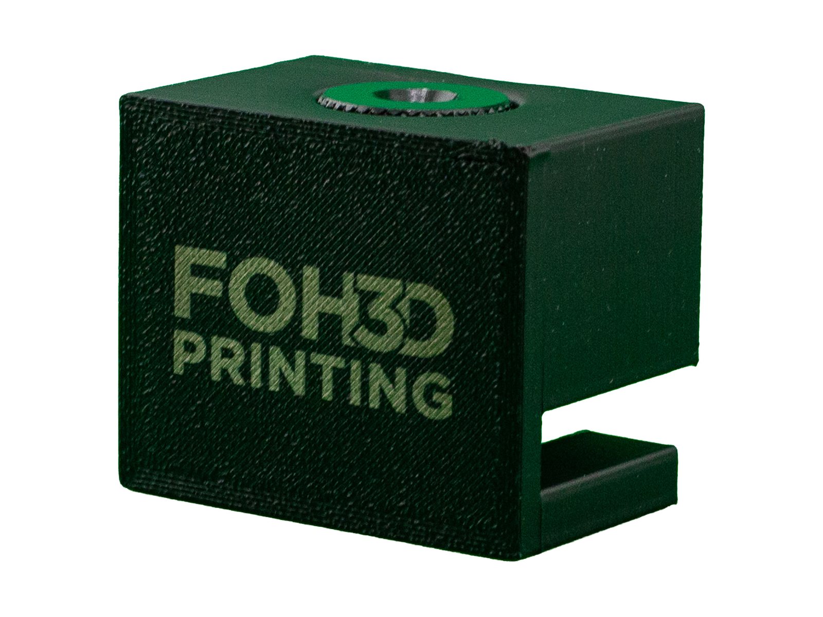 FOH 3D Printing Waves LV1 Camera Adapter — three-quarter view of the green adapter with FOH3D logo and integrated tripod insert