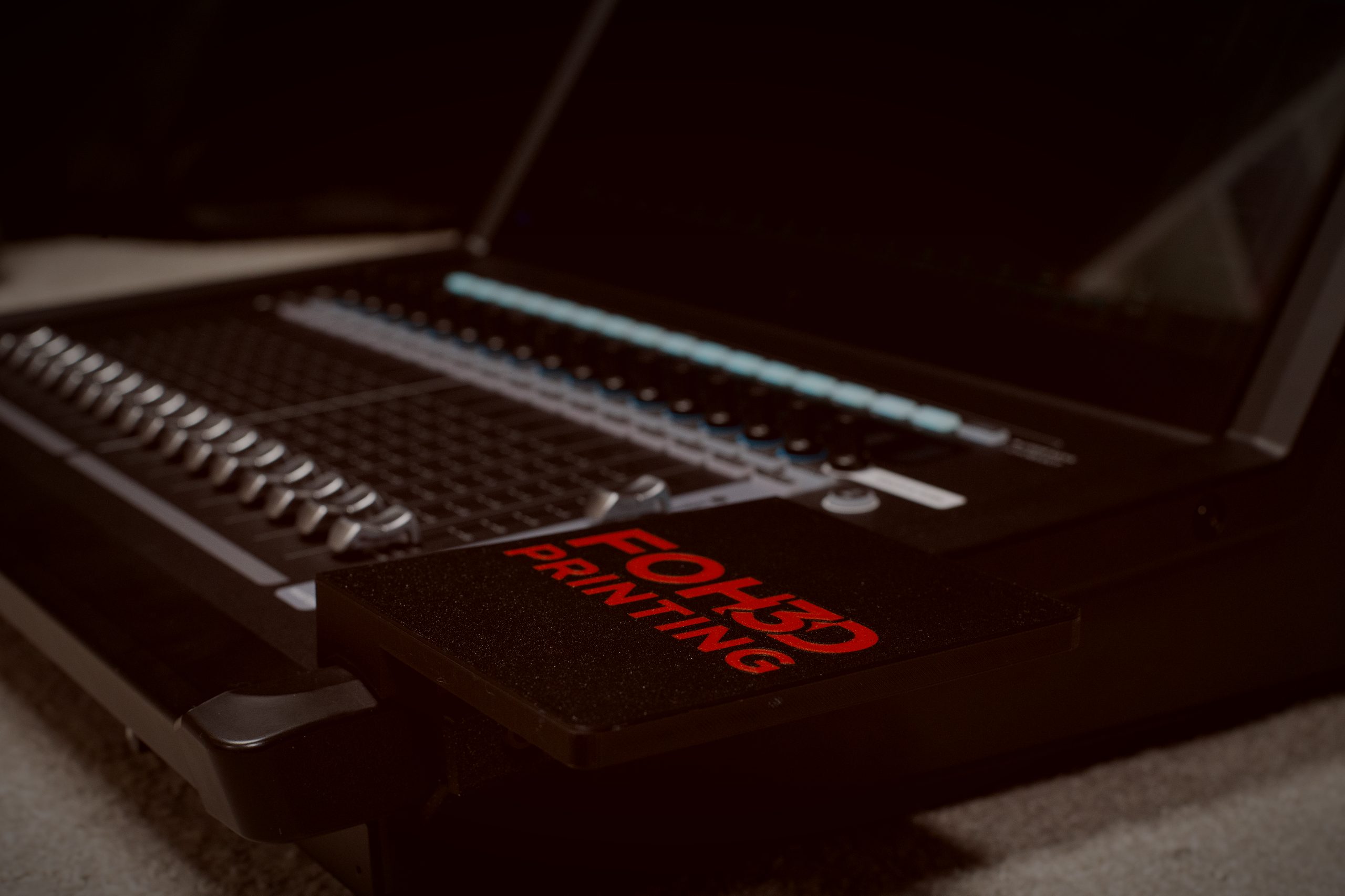 FOH 3D Printing custom 3D printed accessory mounted on a professional audio mixing console