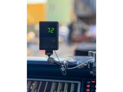 OHR-1 meter in its case mounted on an arm above a console, reading 72