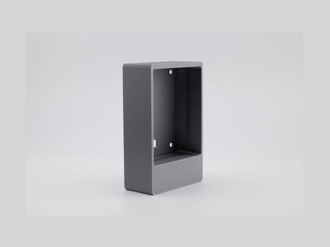 Gray version of the empty OHR-1 case shown at an angle, with mounting holes and cable slot